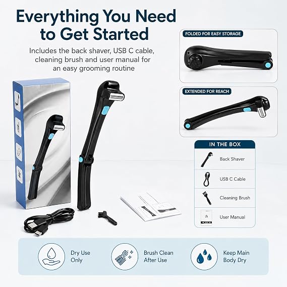 Back Shavers for Men, Foldable Long Handle Body Groomer with Floating Heads