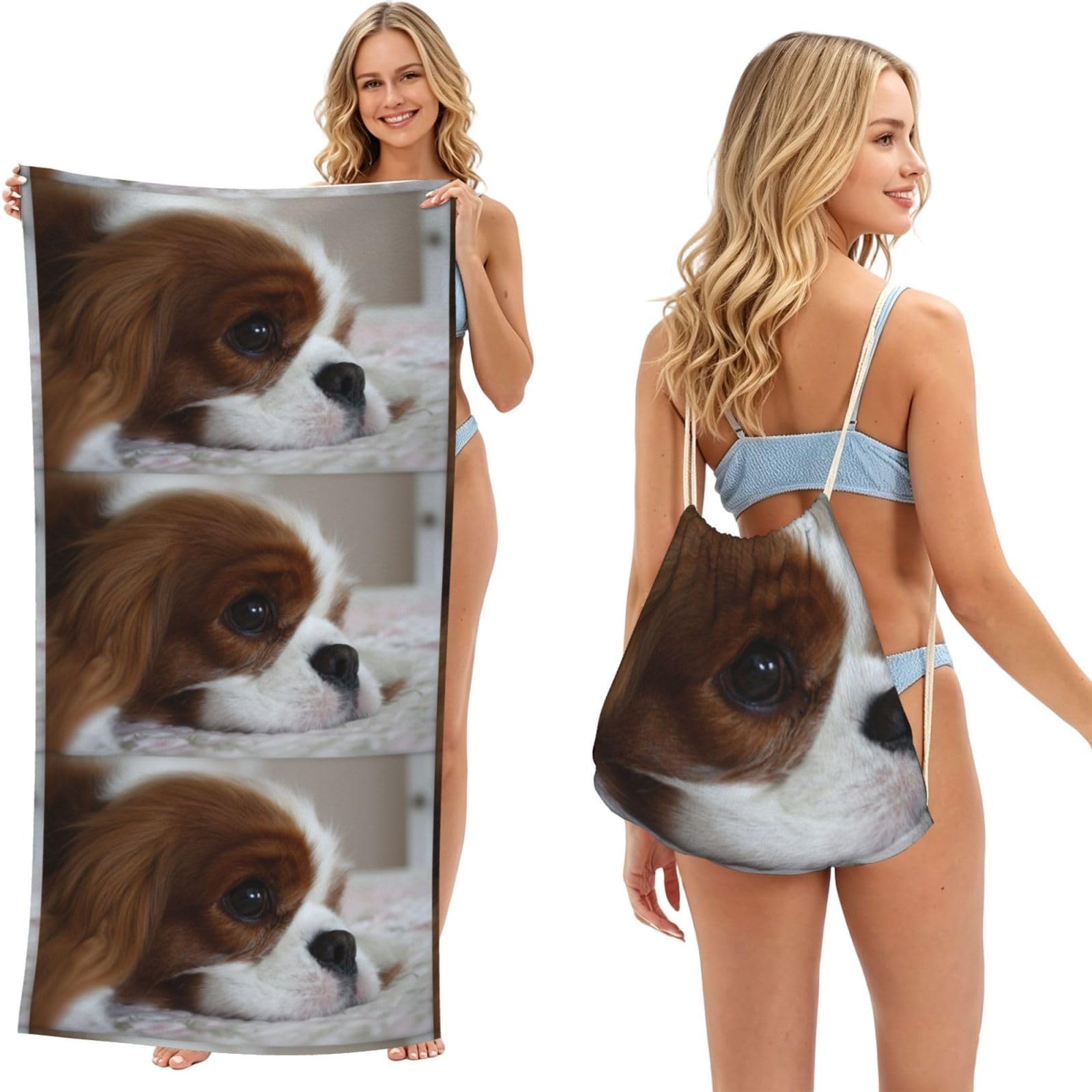 Poadnly As Picture Cavalier King Charles Spaniel Pets Puppy Dogs, 2 In 1 Packable Towel Bag, Beach Towels With Drawstring Backpack For Travel Holiday Camping
