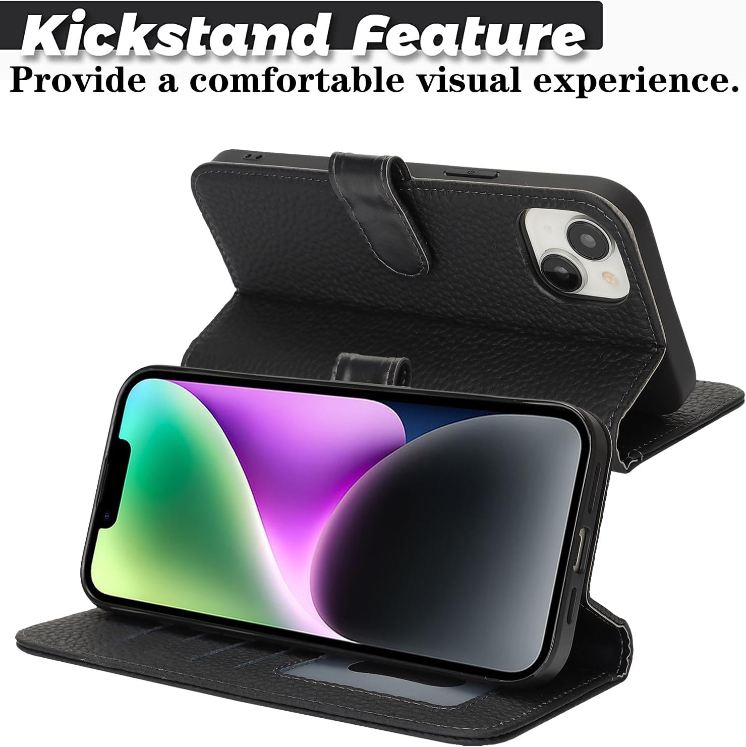 Zouzt Case for iPhone 14/13 6.1" Genuine Leather Wallet Case with 4 Card Slot, RFID Blocking Card Holder Magnetic Flip Folio Kickstand Shockproof Phone Cover Women Men for iPhone 14/13 - Black