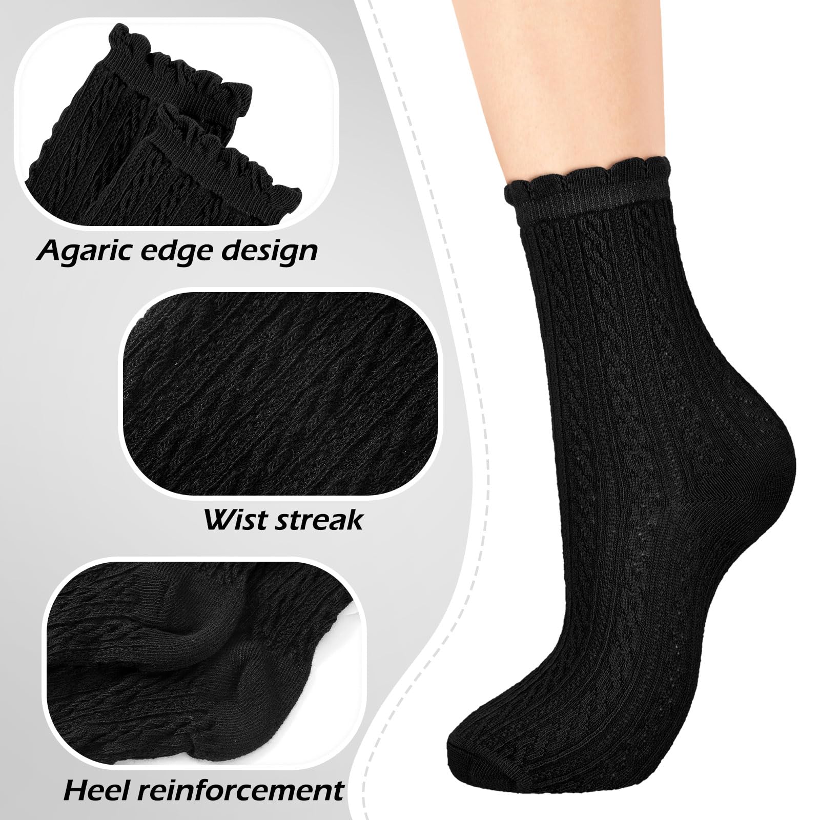 Geyoga 5 Pairs Ankle Ruffle Socks for Women Cute Cotton Soft Breathable Cool Crew Frilly Plush Socks: Black