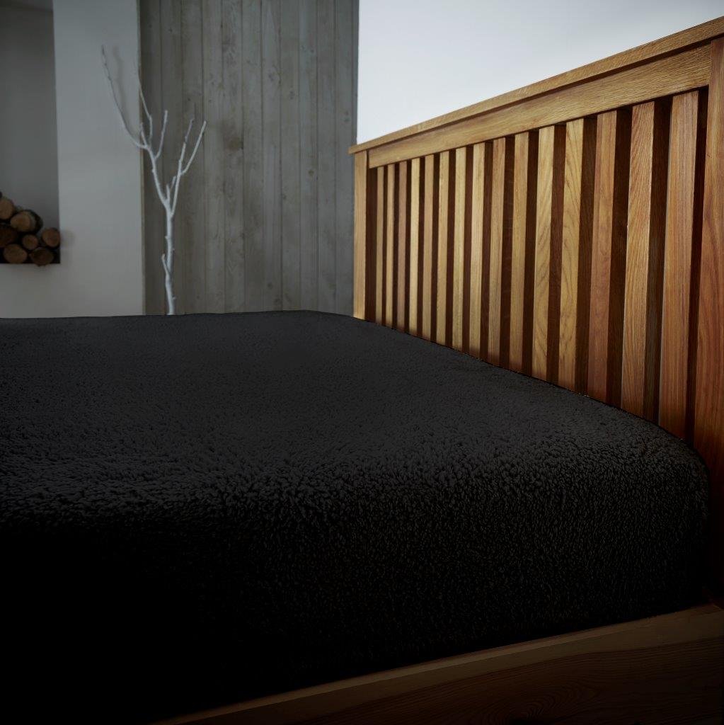 LIZZIE JACOBS Teddy Sherpa Fleece Fitted Bed Sheet Thermal Super Soft Warm Cosy Luxurious Plain Teddy Bear Fleece Bed Sheets (Black, King)
