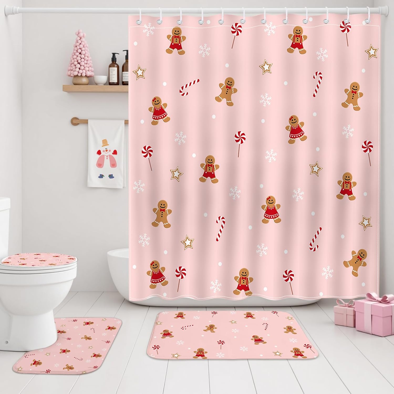 Mocsicka Pink Christmas Shower Curtain Set Xmas Candy Stars Cute Gingerbread-Man Snowflake Christmas Bathroom Decor Accessory Set with Non-Slip Washable Bath Rugs Toilet Lid Cover
