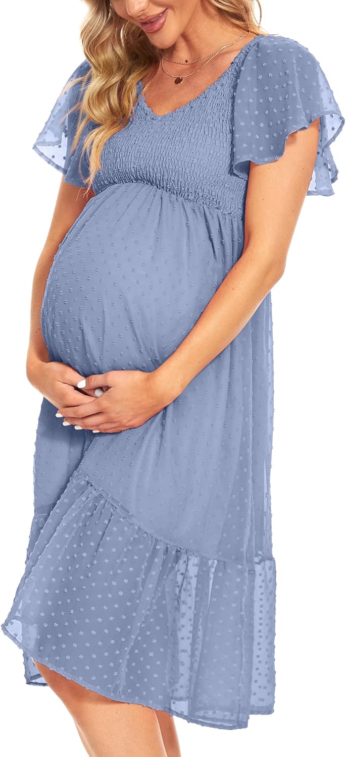 Swiss Dot Smocked Maternity Dress/V Neck Flutter Sleeve Midi Dress for Baby Shower Wedding Guest Photoshoot