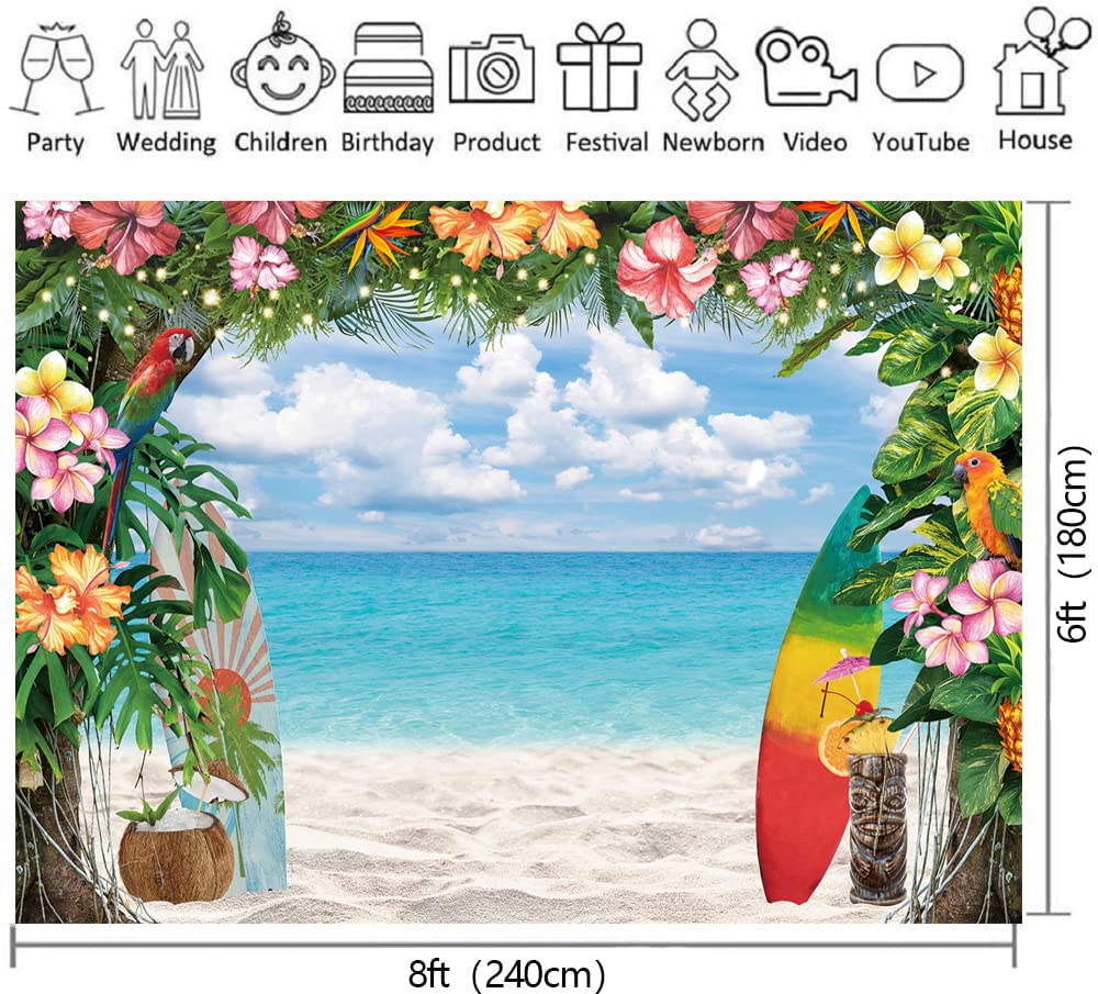 Hawaii Party Sfondo Estate Aloha Party foto sfondo tropicale Spiaggia Fiori Palme Blu Cielo Oceano Decor Banner Baby Shower Forniture (17 x 5 piedi