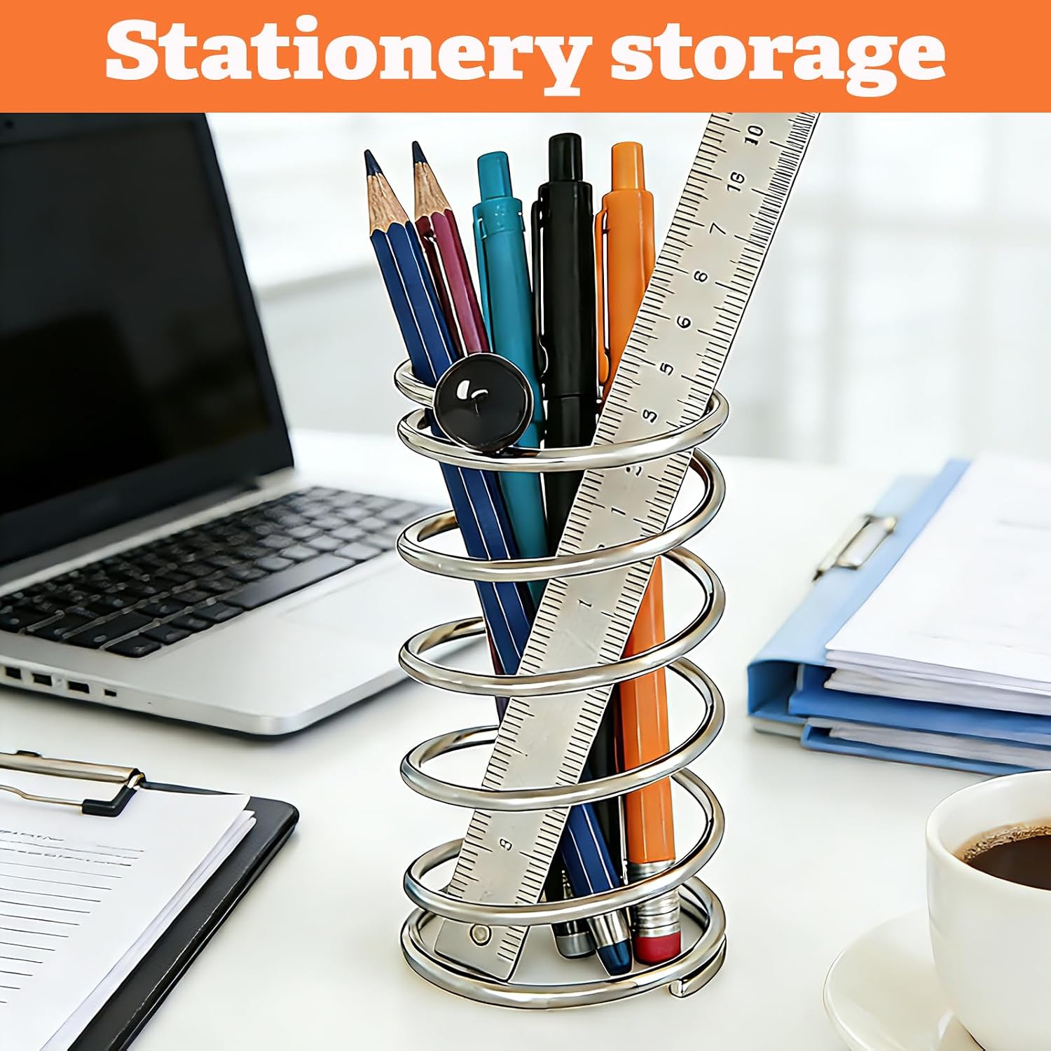 Stainless Steel Spring-Shaped Toothbrush Holder, Pen Holder and Cosmetic Brush Organiser, Suitable for Bathroom countertops, Dressing Tables, Office desks and Kitchen worktops (Black Sphere Design)