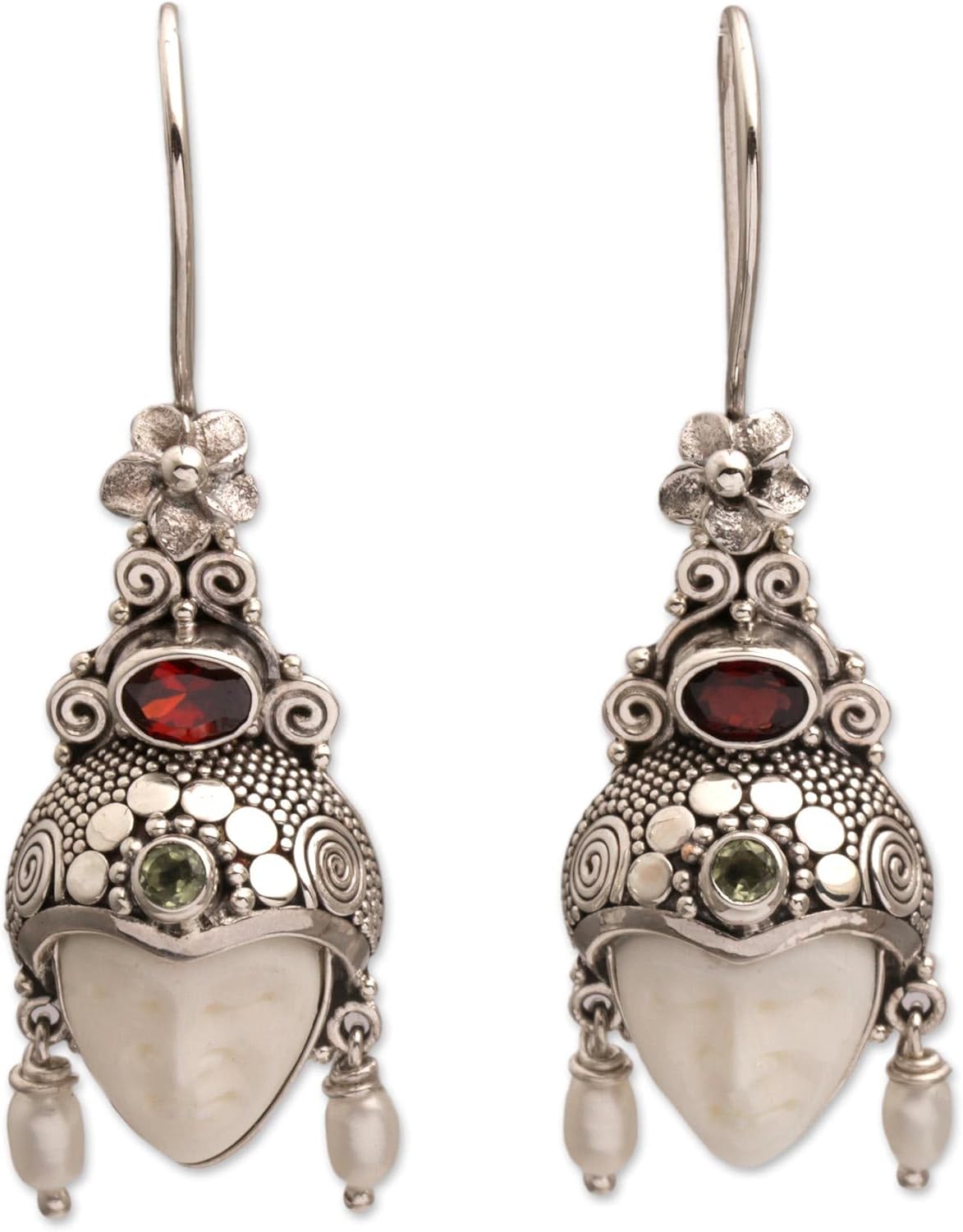 NOVICA Artisan Handmade Multigemstone Dangle Earrings Faceshaped from Bali Sterling Silver Bone Garnet Peridot Pearl Freshwater Cultured White Indonesia Floral Birthstone [2.1 in H x 0.7 in W x 0.4 I]
