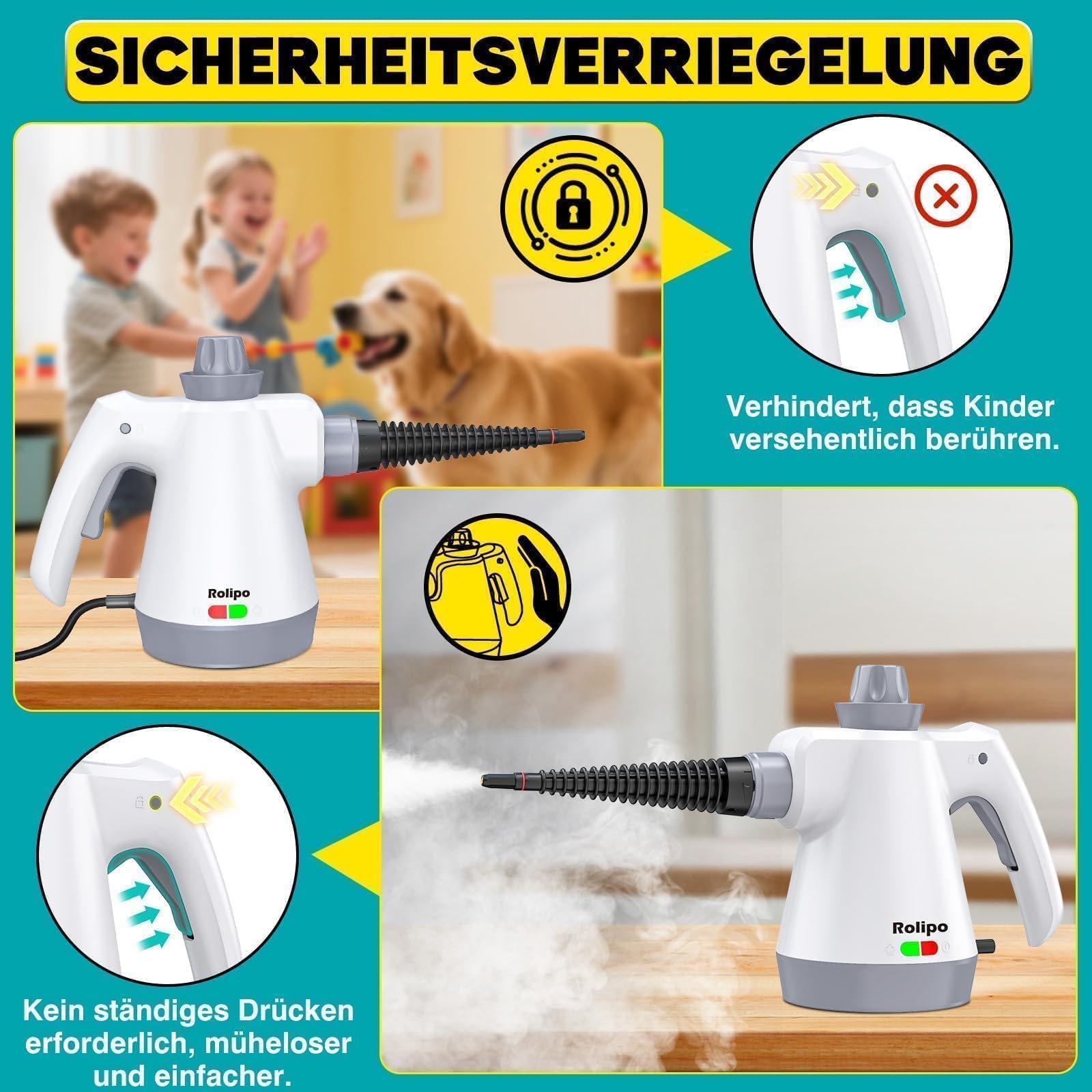 Rolipo Dampfreiniger Handgerät mit 12-Teiligem Zubehör, 1050W Steam Cleaner für Haushalt, Küche, Bad, Fenster, Polster & Auto–100% Chemiefrei, Hochdruck-Dampf gegen Schmutz Fett & Bakterien