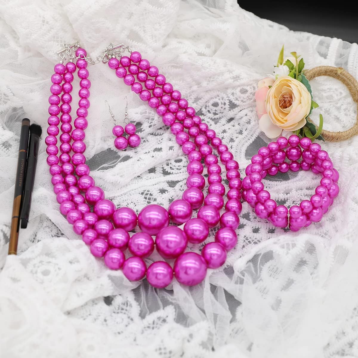 We We Imitation Pearl Necklace for Women Large Chunky Pearl Necklaces Multilayer Pearl Necklace and Earring 1920s Costume Jewelry set - Image 6