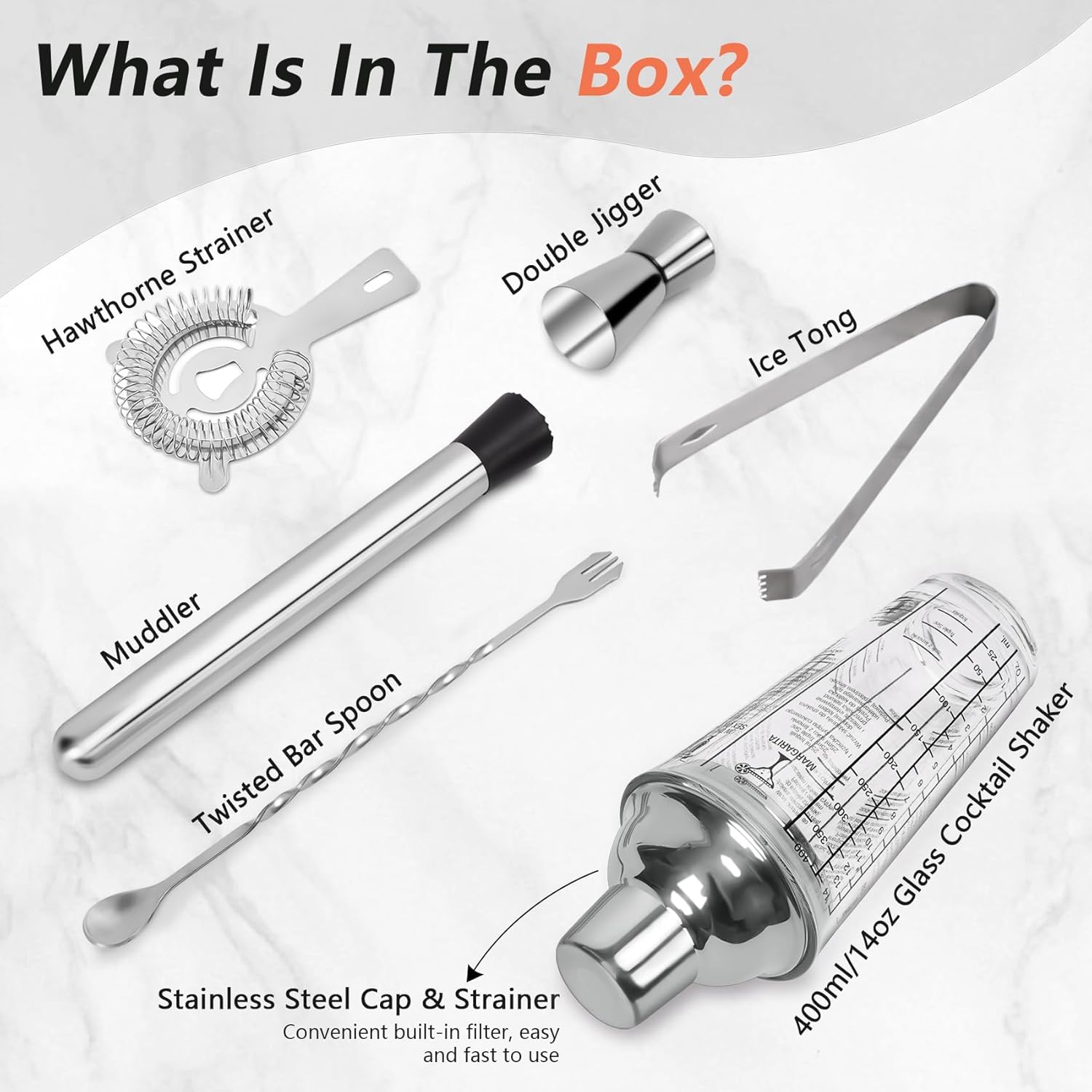 14oz Glass Cocktail Shaker Set, 6PCS Bartending Kit, Martini Mixer Shakers with Built-in Strainer, Professional Bar Tools for Bartender and Beginners