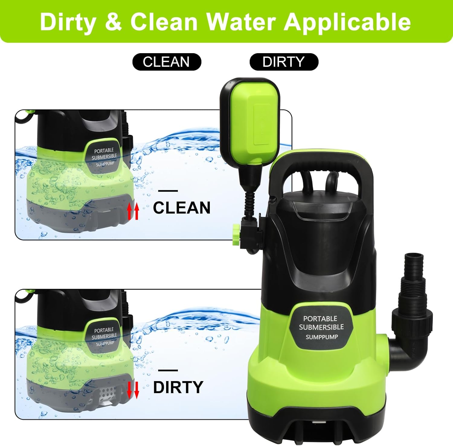 Winado Submersible Water Pump w/Auto Float Switch, 1HP 3600GPH Sump Pump, Clean Dirty Water Powerful Pump, 16 ft. Cord for Pool, Pond,Garden, Flooded Cellar, Aquarium & Irrigation (Green)