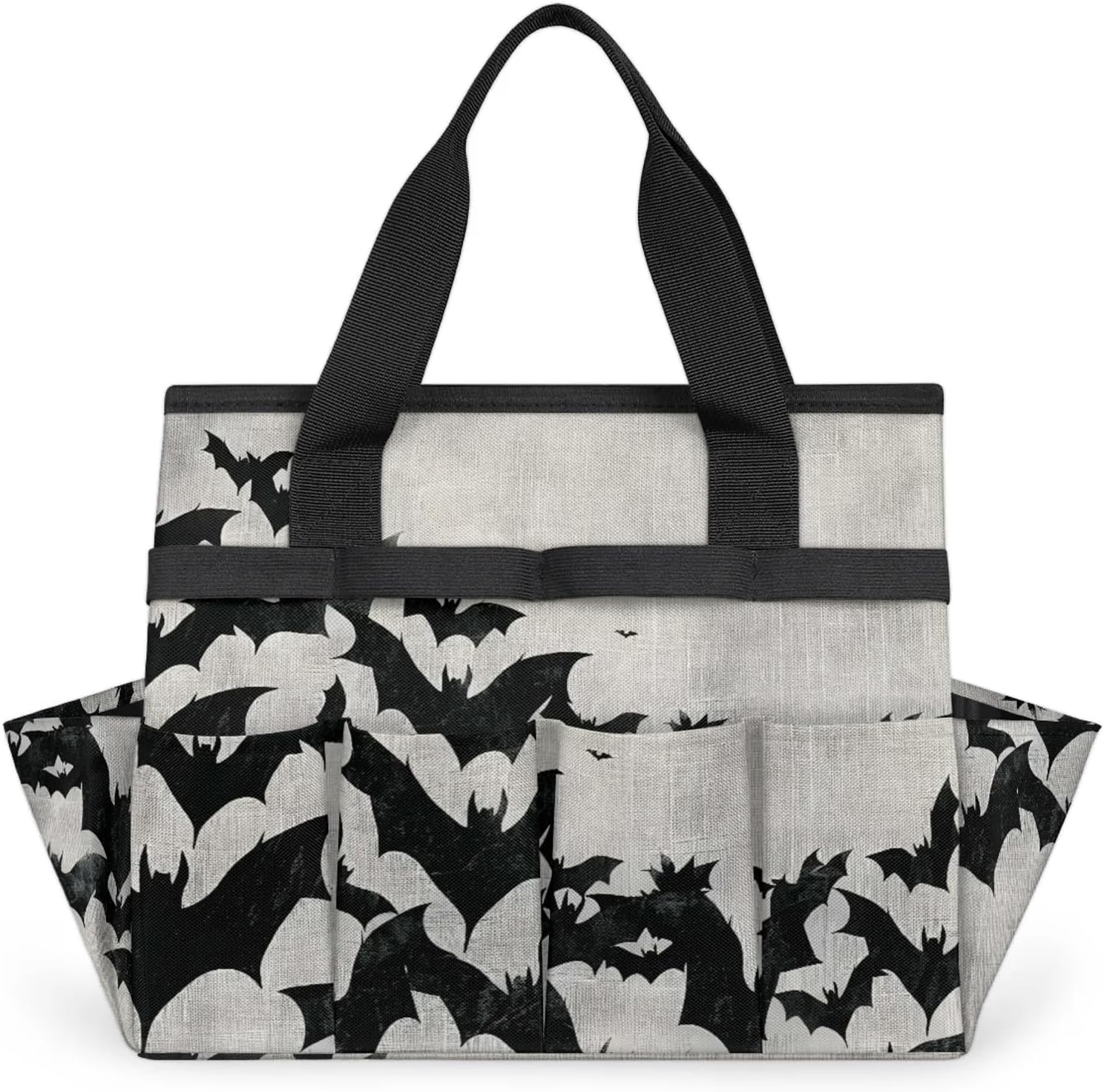 Halloween Black Bat Garden Tool Bag, Heavy Duty Gardening Tote Bag Organizer with 10 Pockets for Women Men Gardening Gifts