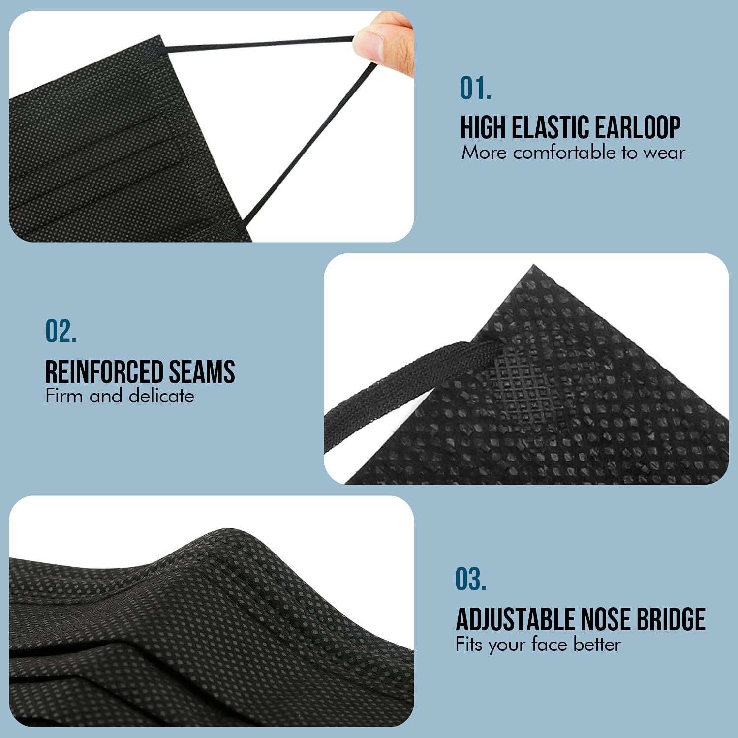 1st Aid First aid kit Accessories - 50Pcs Disposable Face Masks, 3-ply Disposable Masks Black Face Mask with Elastic Ear Loop, Medical Masks Breathable Dust Proof Non-woven for home office outdoor