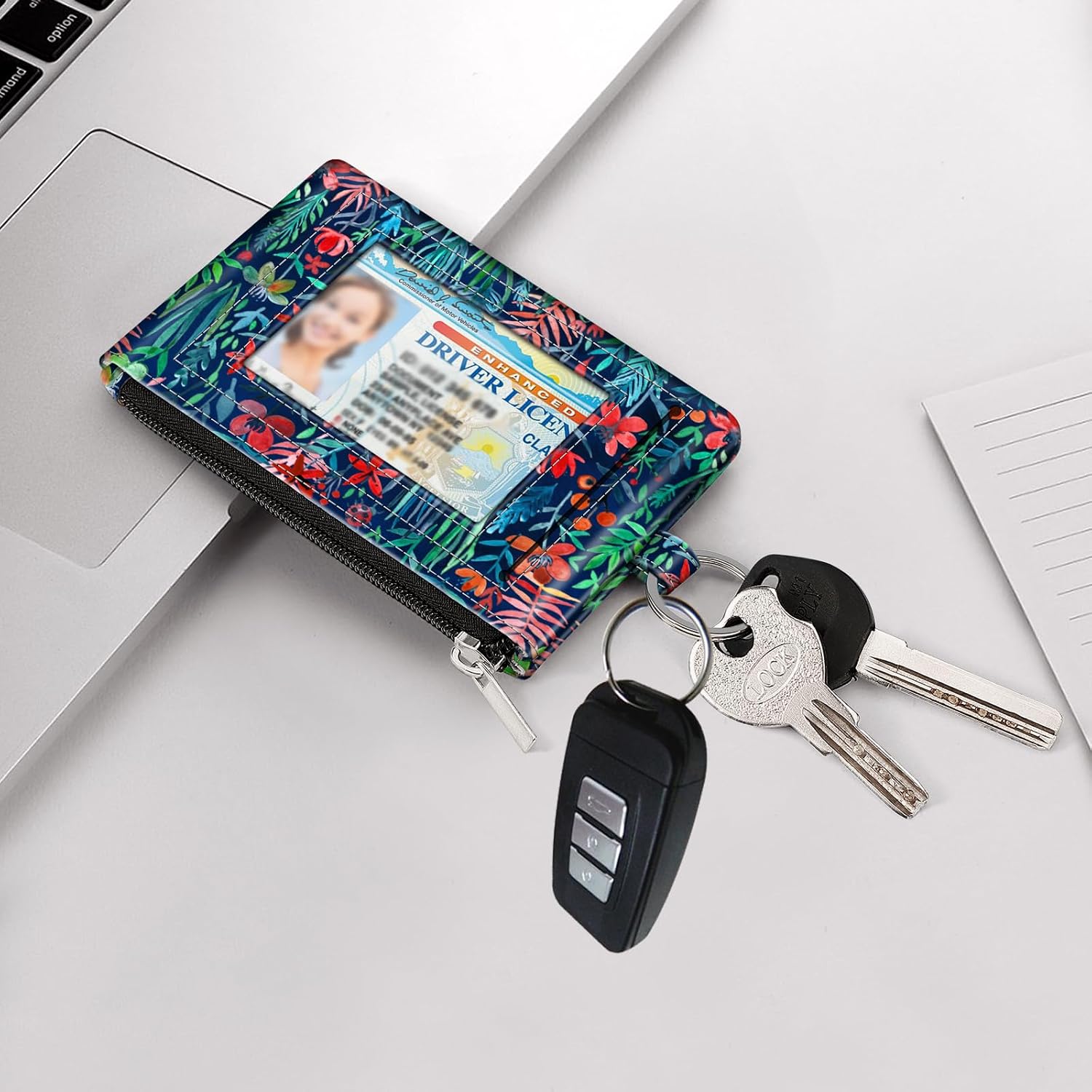FINTIE Zip ID Case Card Holder, Slim Coin Purse Wallet | RFID Blocking Change Pouch with Key Chain, Jungle Night