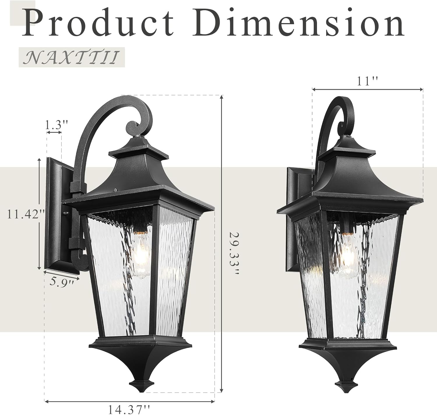 Black Outdoor Wall Light 29.3 Inch Large Aluminum Exterior Lighting Fixtures with Water Ripple Glass Waterproof Porch Lights Outdoor for Patio Doorway E26 Socket