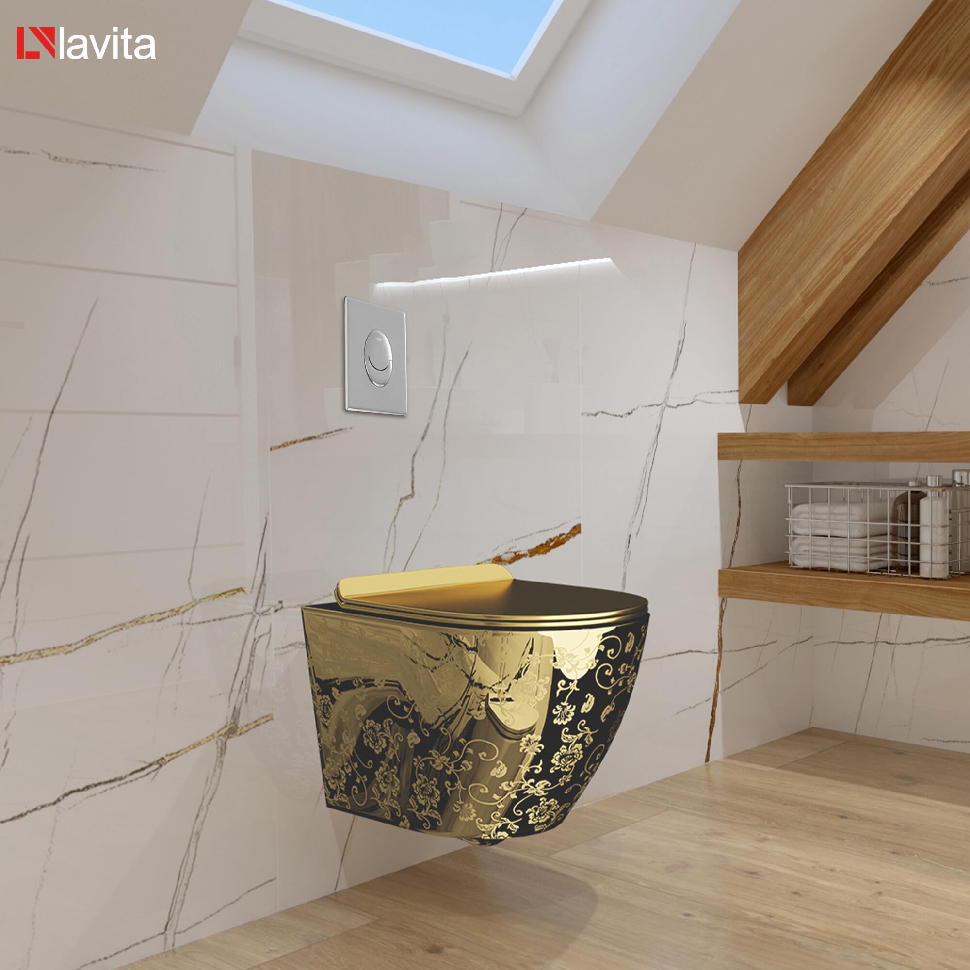 LAVITA Vorwandelement Solido Start + Wand Hänge WC Sofi Slim Golden Eye Gold Spülrandlos + WC-Sitz SoftClose Verchromter Knopf Komplettset Unterputz Spülkasten Toilette Komplett Sett WC
