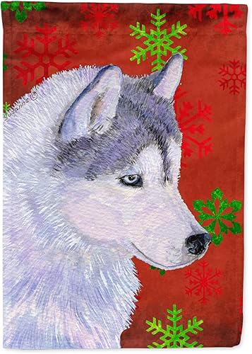 Caroline's Treasures SS4671GF Bandera de jardín de Navidad con diseño de husky siberiano rojo y verde copo de nieve, bandera decorativa para patio,