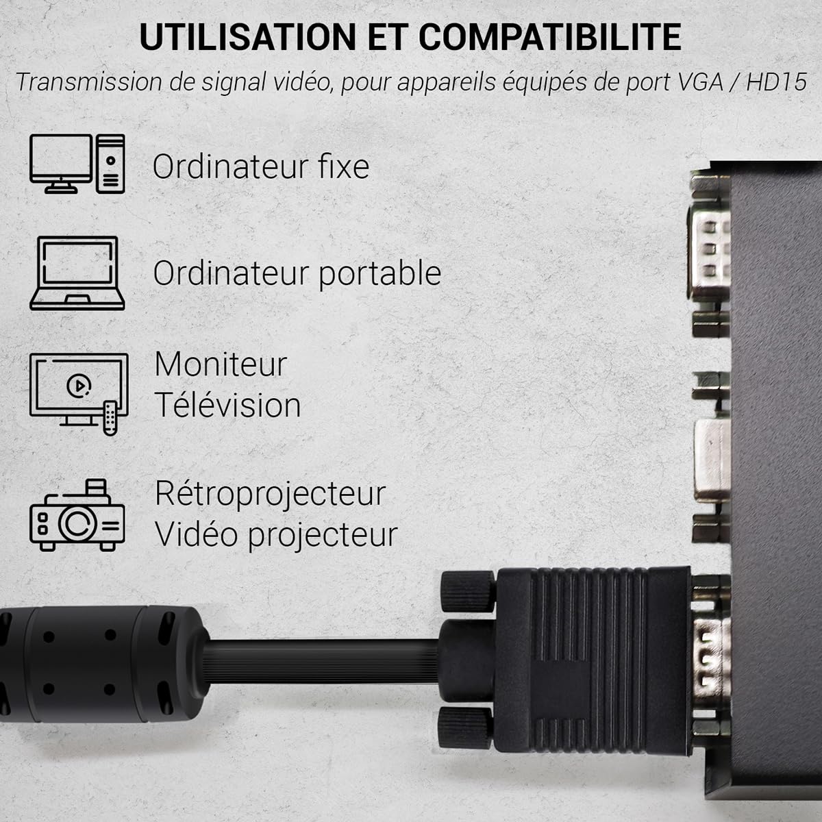 Waytex 27227 Câble 15,00 m Mâle/Femelle, Câble VGA (15 broches) full HD 1080p, compatible 3D pour ordinateur, écran, moniteur, rétroprojecteur