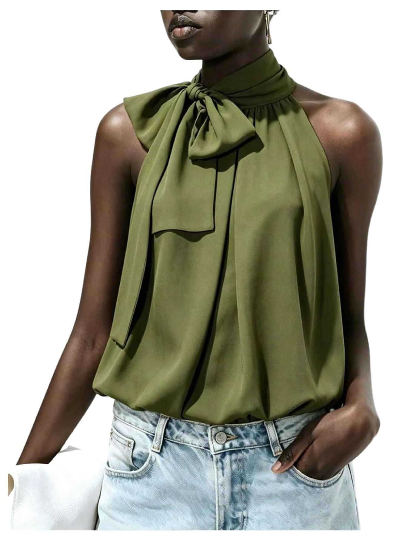 SweatyRocks Women's Flowy Top Bow Tie Neck Halter Elegant Sleeveless Blouse Halter Tops for Women, Dressy Blouse, Summer Sleeveless Blouses, Going Out Outfits