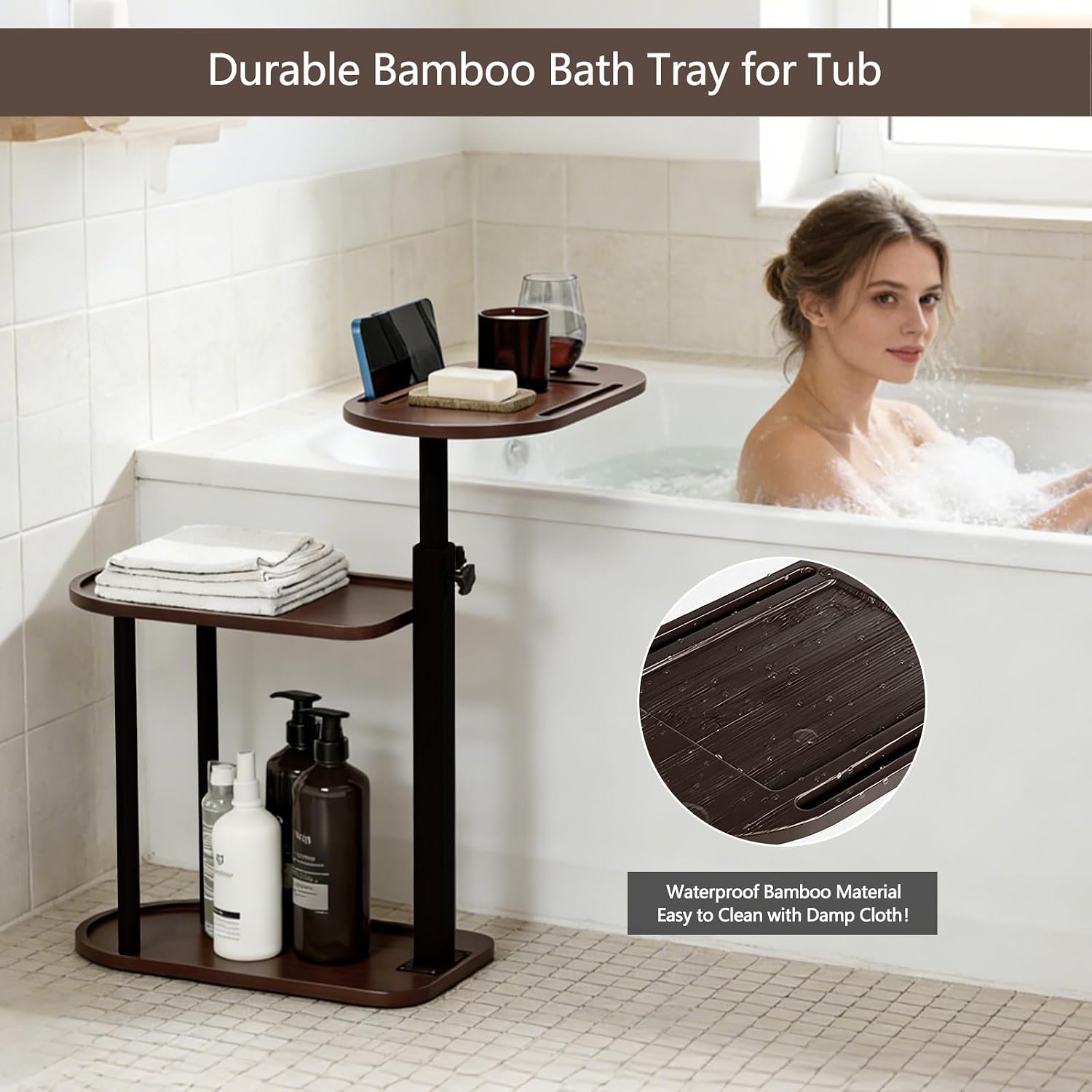 3 Layer Bathtub Tray Table,Bamboo Swivel Bathtub Side Table Height Adjustable,Freestanding Bathtub Tray for Tub Against Wall,Bathtub Accessories&Bathroom Organizer for Luxury Home Spa (Brown) image 3