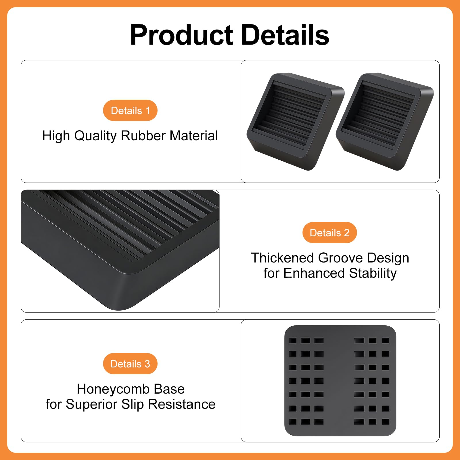 4 Pezzi Coppe Bloccaruote in Gomma per Mobili, 8CM Quadrato Scanalato Design Blocca Ruote Sedia Gaming, Piano Caster Cups, Silenziosi Cuscini per Ruote Mobili, Letti, Divani e Sedie (Nero)