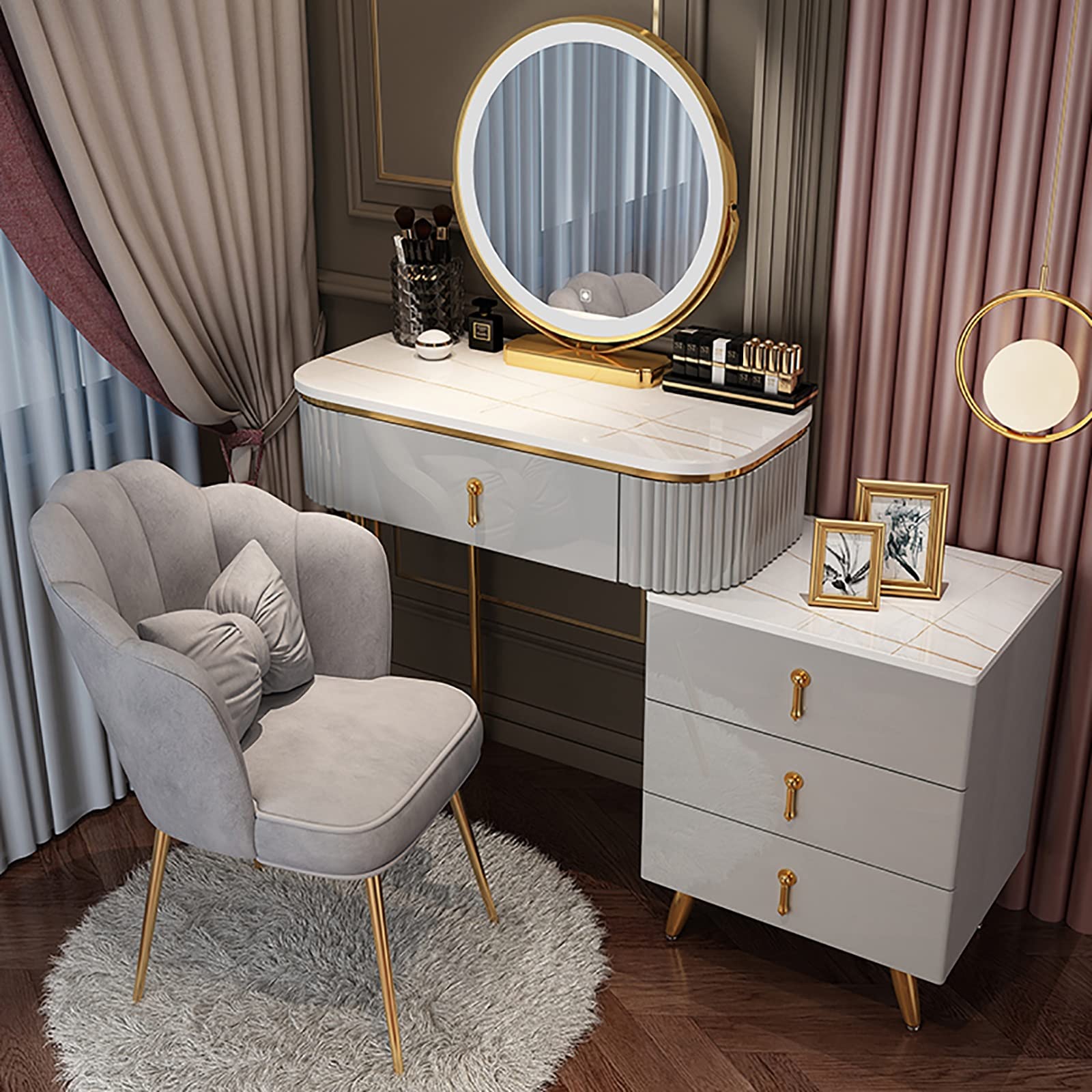 asdchZen Modern Vanity Desk Set With Led Lights Adjustable Cabinet And Cushioned Stool 3 Lighting Modes Ideal For Home Bedroom Studio,Gray+gold-80cm/31.5in
