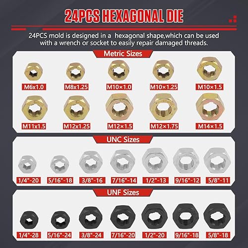Miniatura 6 de Juego de 48 piezas de reparación de roscas, UNCUNFKit de restauración de roscas métricas, con 24 troqueles de reenhebrado, 22 grifos de reenhebrado,