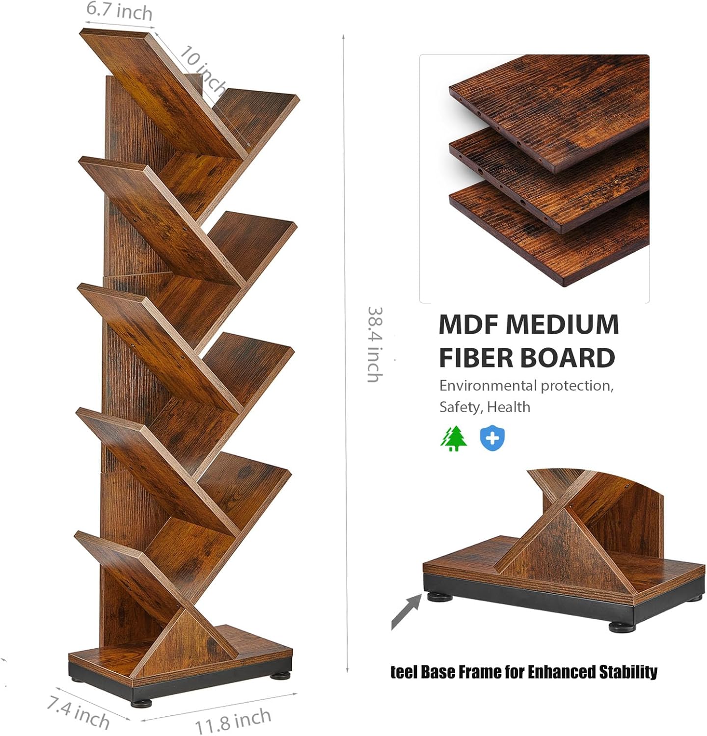 ruboka 9 Tier Tree Bookshelf, 9 Shelf Floor Standing Bookcase Display for CDs/Magazine/Books, Retro Bookshelf for Bedroom, Living Room, Office,Balcony,Book Organizer Storage Shelves