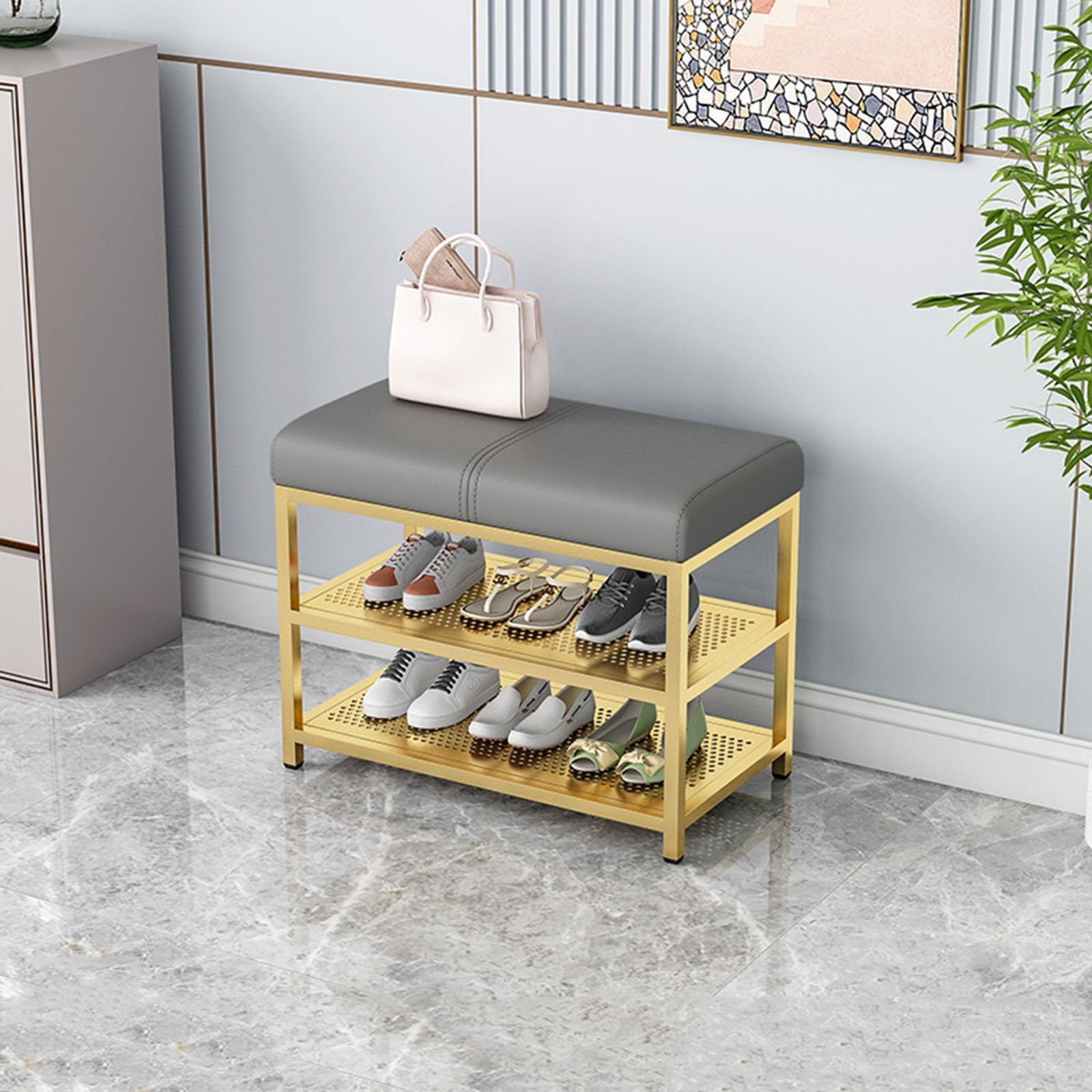 Banc porte-chaussures en cuir PU gris et métal doré pour une entrée chic