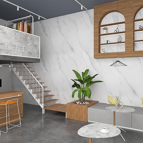 Miniatura 3 de JSEVEM Papel tapiz extra grueso de 24 x 354 pulgadas, color blanco y gris, extraíble, papel de contacto de mármol blanco y gris, vinilo moderno, con