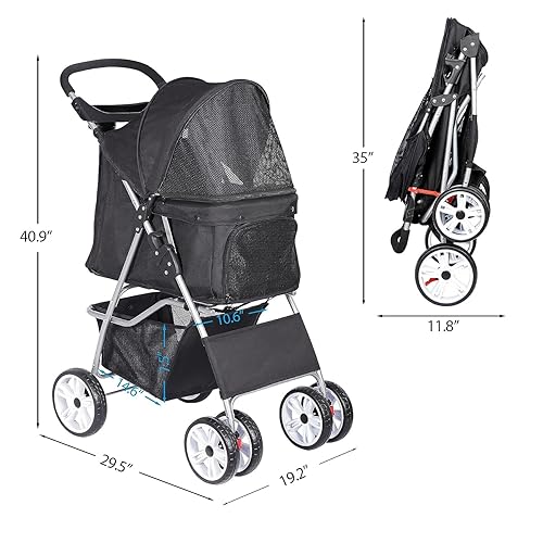 Miniatura 8 de ZENY Cochecito plegable para mascotas, cochecito para gatosperros con 4 ruedas, carrito de viaje para mascotas con cesta de almacenamiento,