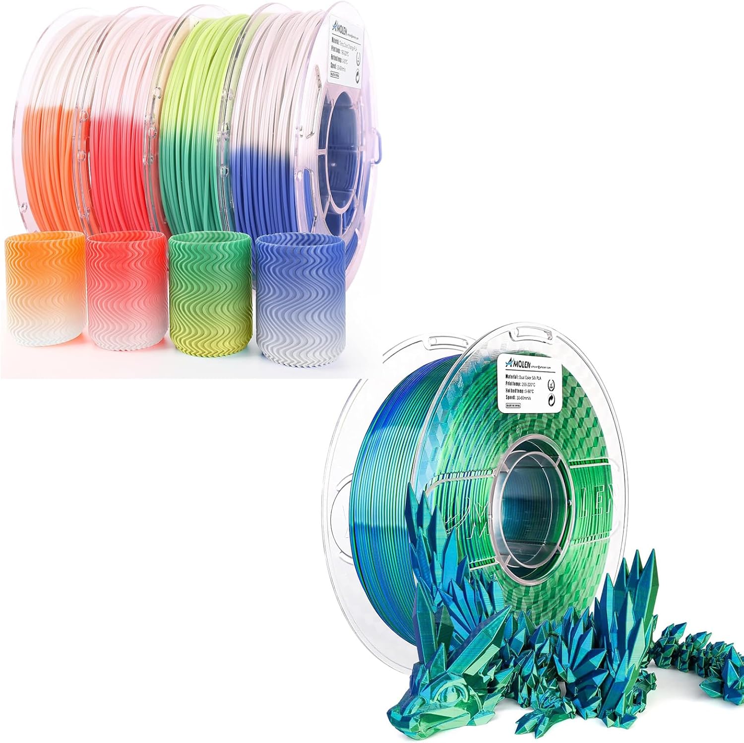 AMOLEN 3D Printer Filament, PLA Filament 1.75mm, Color Change with Temperature Filament Bundle & Silk Blue Green