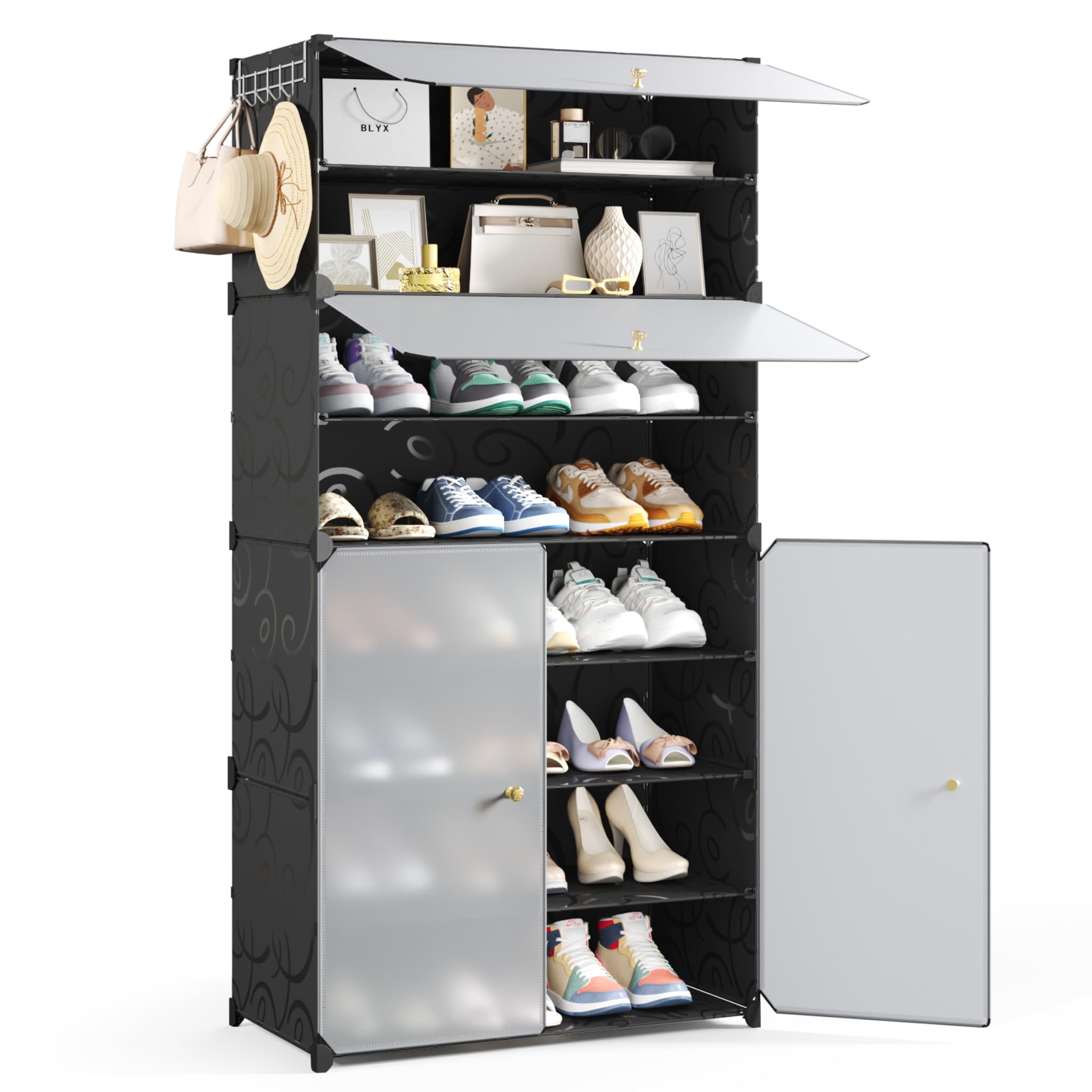Mondeer Schuhregal, Schuhschrank 8 Ebenen mit Türen, Kunststoff Aufbewahrungsschrank mit Verstellbare Ablage, für Flur Schlafzimmer Wohnzimmer Eingang, 30 × 60 × 123 cm (Schwarz)