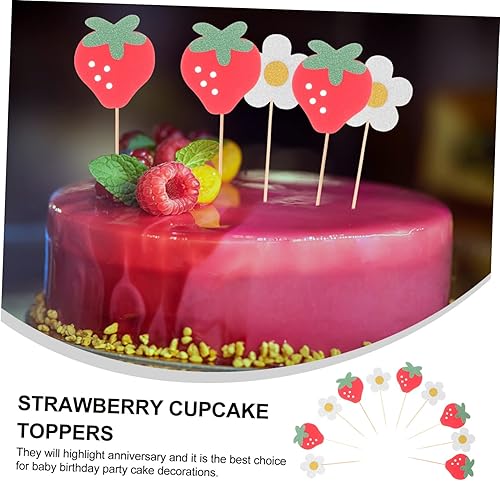 Miniatura 7 de Decoraciones de fresa para pastel de cumpleaños, 20 piezas de palillos de tartas, decoración de cupcakes de flores, suministros de fiesta