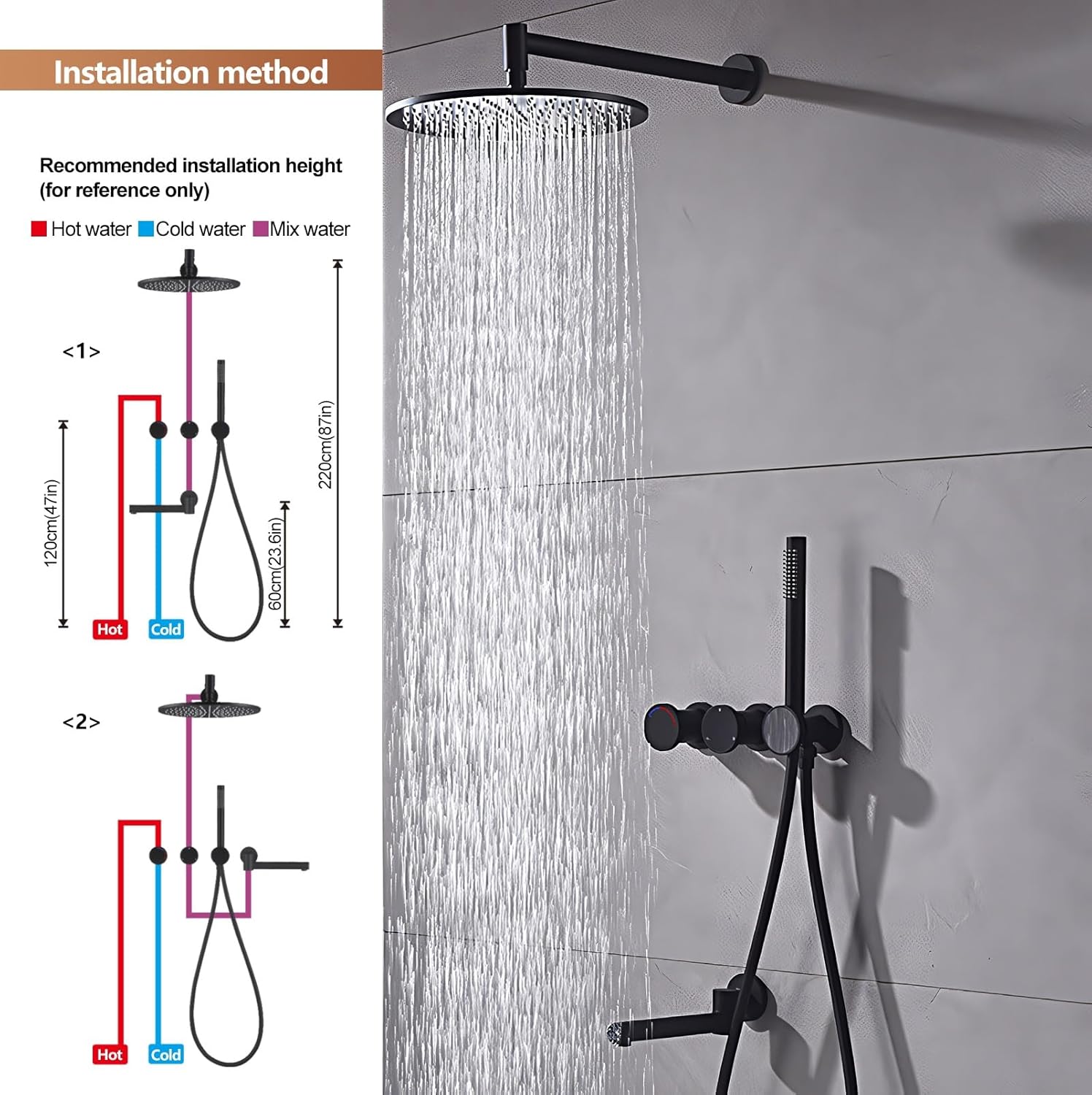 Diagram showing recommended installation height and hot/cold water connections for icVantA shower system