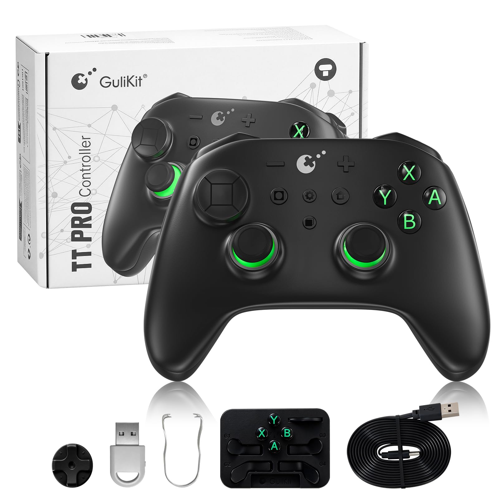 GuliKit TT Pro Wireless Controller for PC, Android, iOS, Switch 1/2, 720° Adjustable TMR Joystick, with 950mAh Long-Lasting Battery, Switch Wake-Up Function and 4 Detachable Metal Back Buttons-Black Green