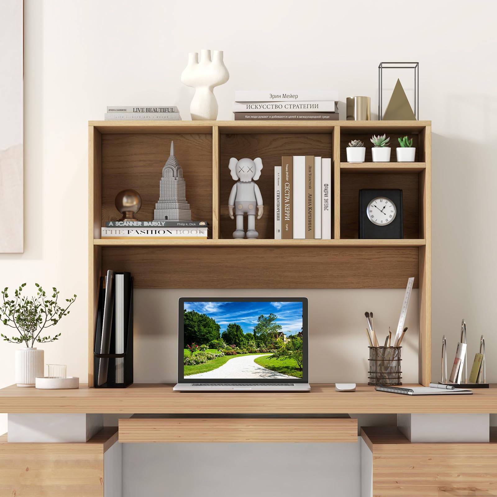 GOPLUS Etagere Bureau a Poser en Bois avec Plusieurs Tablettes, 94 x 25 x 73 CM Organiseur de Bureau avec 4 Compartiments Ouvert, Dispositif Anti-Basculement (Naturel, 94 x 25 x 73 CM|4 Bacs)