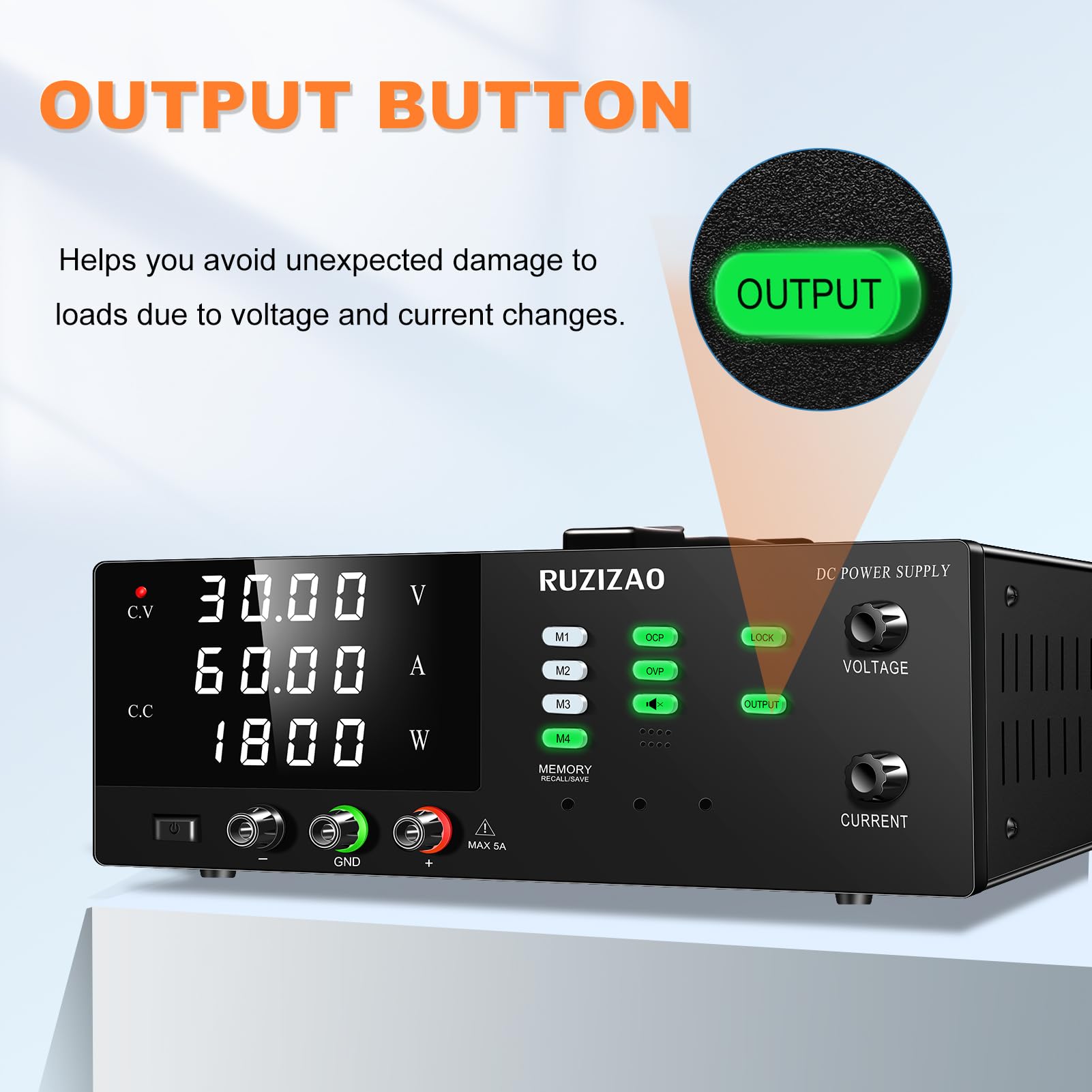 Labornetzteil, 0-30V 0-60A 1800W Hochleistungs-Labornetzgerät, DC Regelbar Netzgerät mit Ausgangsschalter, OCP und OVP, Memory-Funktion, Encoderregelung, 4-stellige LED-Anzeige, Lockout-Taste