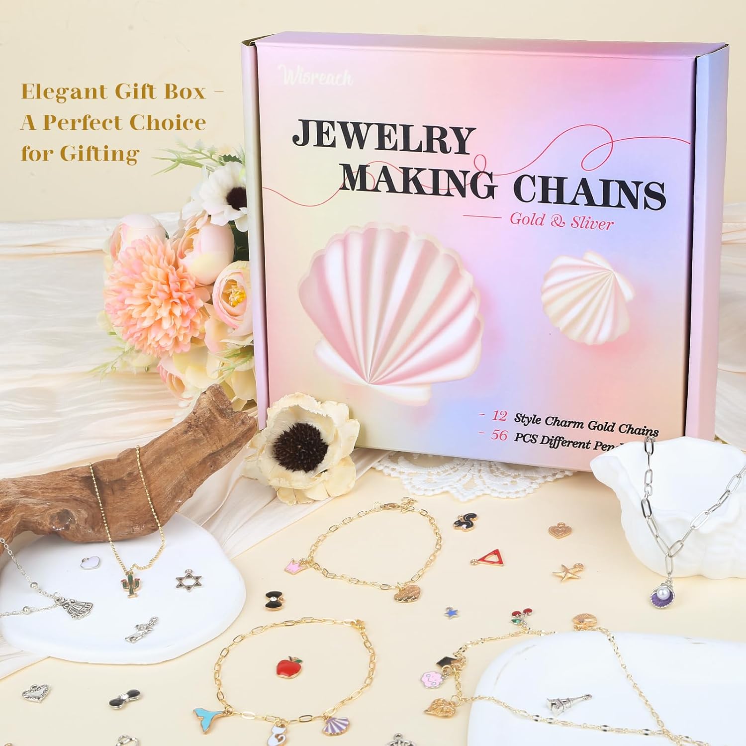 Wisreach 18K Gold & Silver Necklace Chain for Jewelry Making, 60 Feet 12 Rolls DIY Jewelry Chains, with Jump Rings, Clasps, Connectors, 52 Letter Pendants, 50 Mixed Color Pendants & Pliers - Image 5