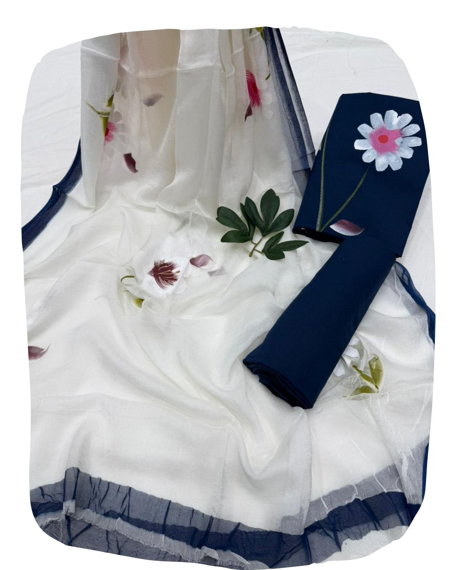 Traditional Hand Brush Paint Pure Cambric Unstitched Cotton Suit Dress Material for Women with Pure Chiffon Hand Printed Dupatta-image-2