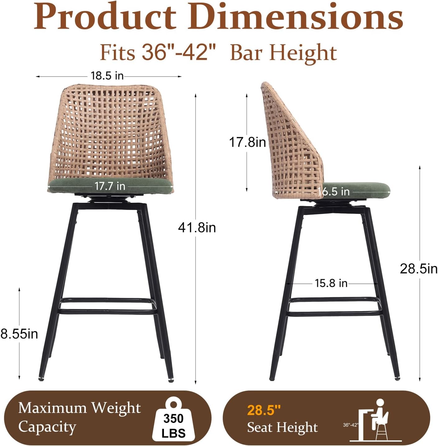 UIXE Swivel Bar Height Stools Set of 2, Chenille Upholstered Barstools with Footrest, Rattan Woven Barrel Backrest Island Chairs for Kitchen Counter - Black Metal Frame, Green