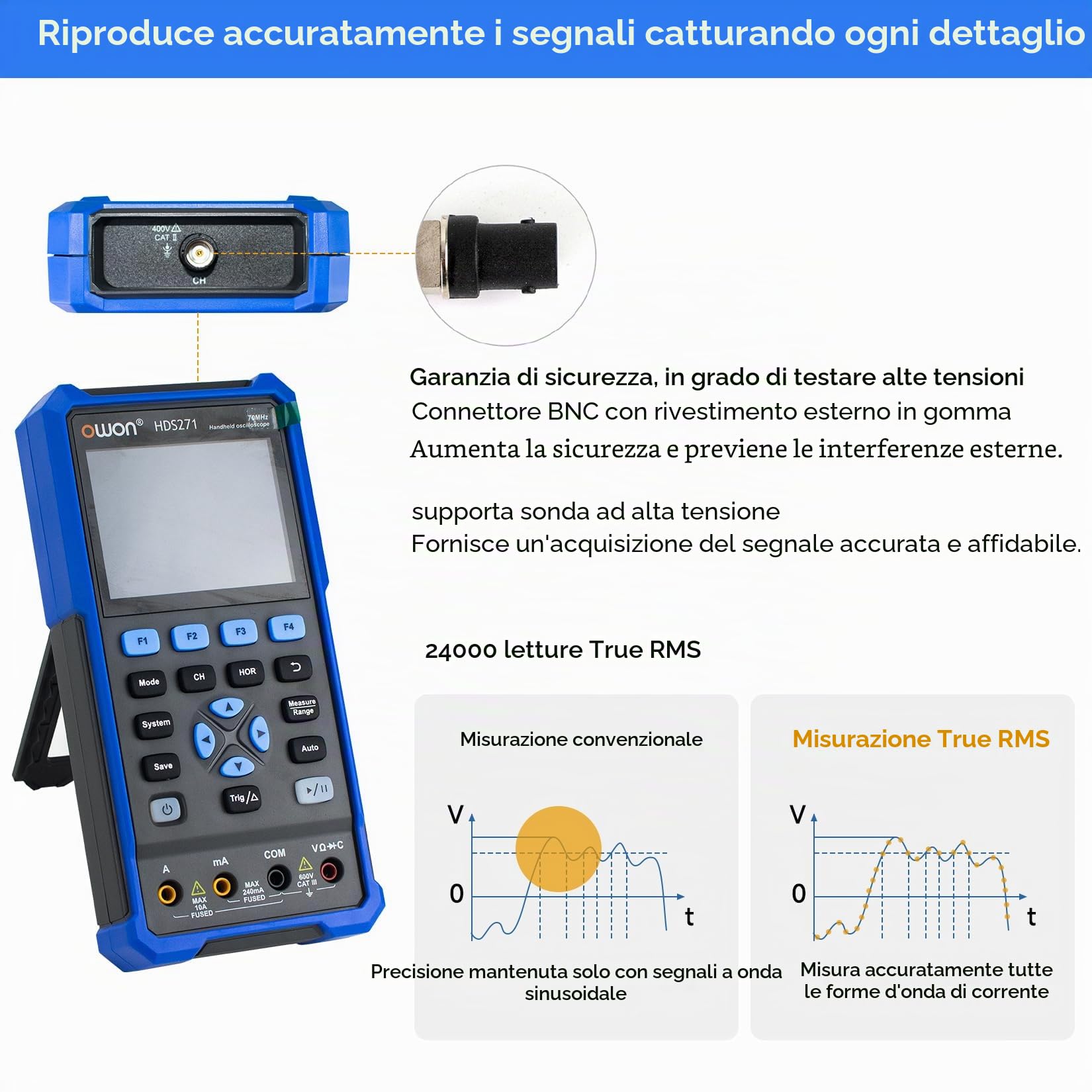 OWON HDS271 Oscilloscopio portatile a canale singolo,3 in 1 larghezza di banda 70MHz,multimetri a 1 canale,24000 conteggi con USB tipo C (oscilloscopio+multimetro+generatore da 100kHz)