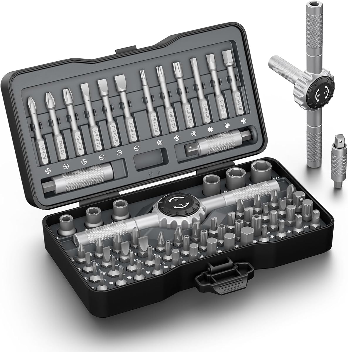 STREBITO 71 in 1 T-Handle Ratchet Screwdriver Set, Magnetic Screwdriver Set | S2 Steel Bits & Sockets, 72-Tooth, 4 Extension Rods, Ratcheting Screwdriver for Home Repair, Assembly, Bicycle, Auto, DIY