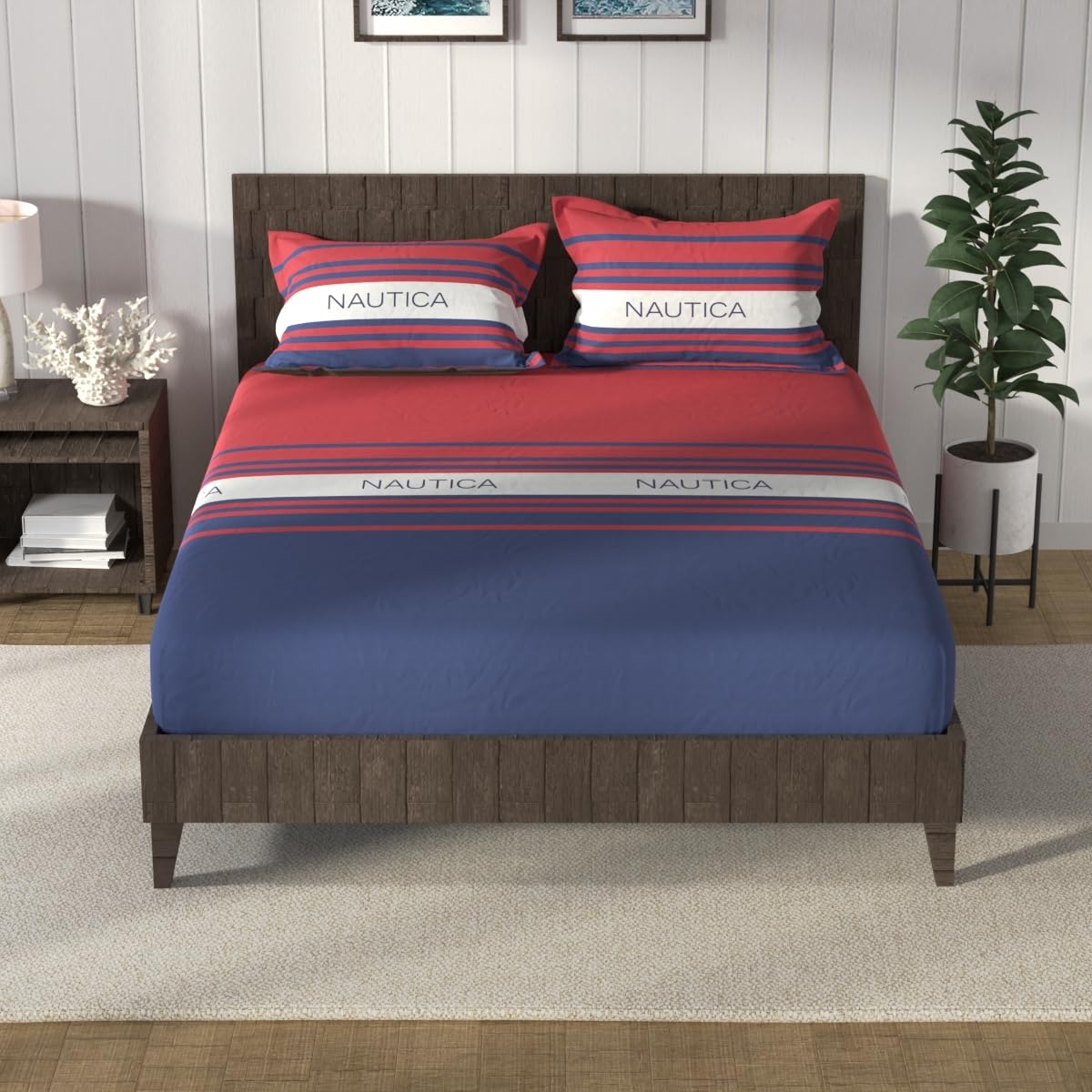 NAUTICA Cotton King Bedsheet with 2 Pillow Covers -3pc Set (noridge) | 160TC | Super Soft Touch Stripe-red/Blue-image-7