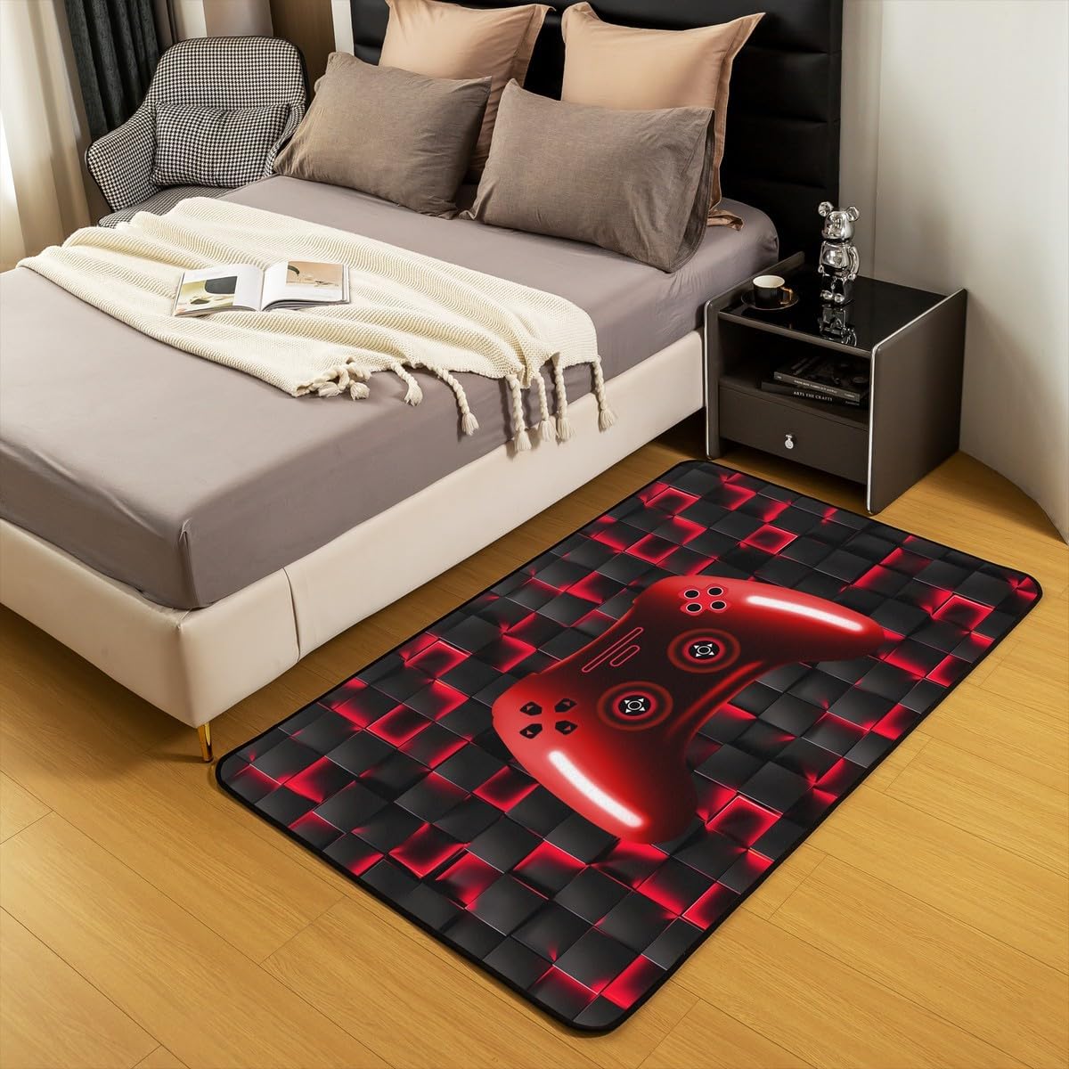 Erosebridal Gamer Non Slip Rug for Boys,Red Gaming Area Rug for Boys,Kids Neon Lights Gamepad Carpet,Ombre Gradient Glowing Checkered Indoor Floor Mat Grid Lattice Decor for Playroom Kitchen 3x5 image 3