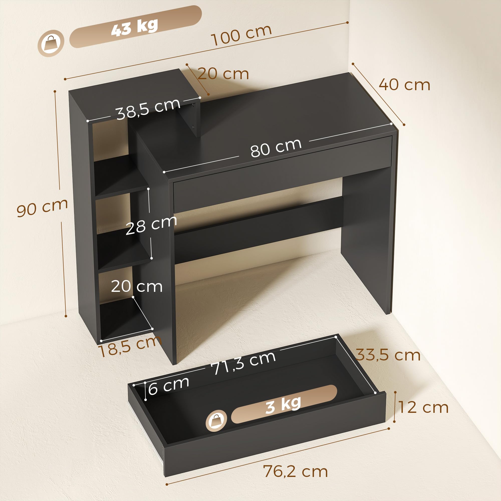 HOMCOM Escritorio con Almacenamiento, Escritorio PC, 100x40x90 cm, Negro | con 3 estantes, cajón, estación de trabajo, Escritorio de computadora para teletrabajo, sala de estar