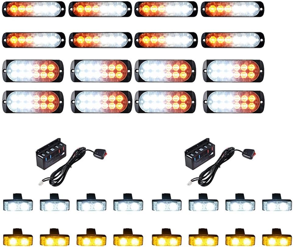 Astra Depot Set Amber White (8X 6-LED and 8X 12-LED) with Combo 8pcs White 8pcs Amber 2-LED Flashing Strobe Lights Bar Emergency Warning Caution Hazard
