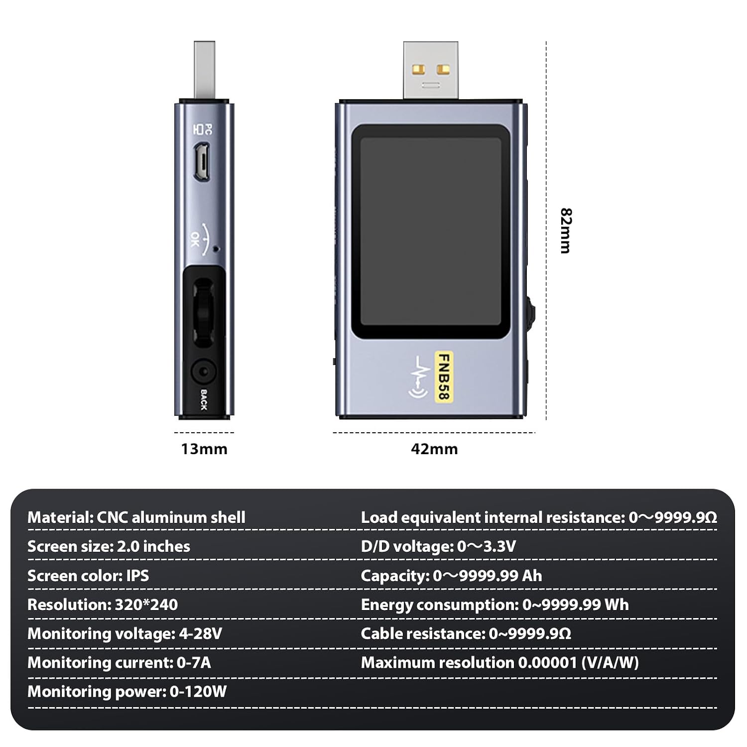 Detailed specifications of the DEWIN FNB58 USB Tester, including material, screen size, resolution, monitoring ranges for voltage, current, power, load resistance, D+/D- voltage, capacity, energy consumption, cable resistance, and maximum resolution.