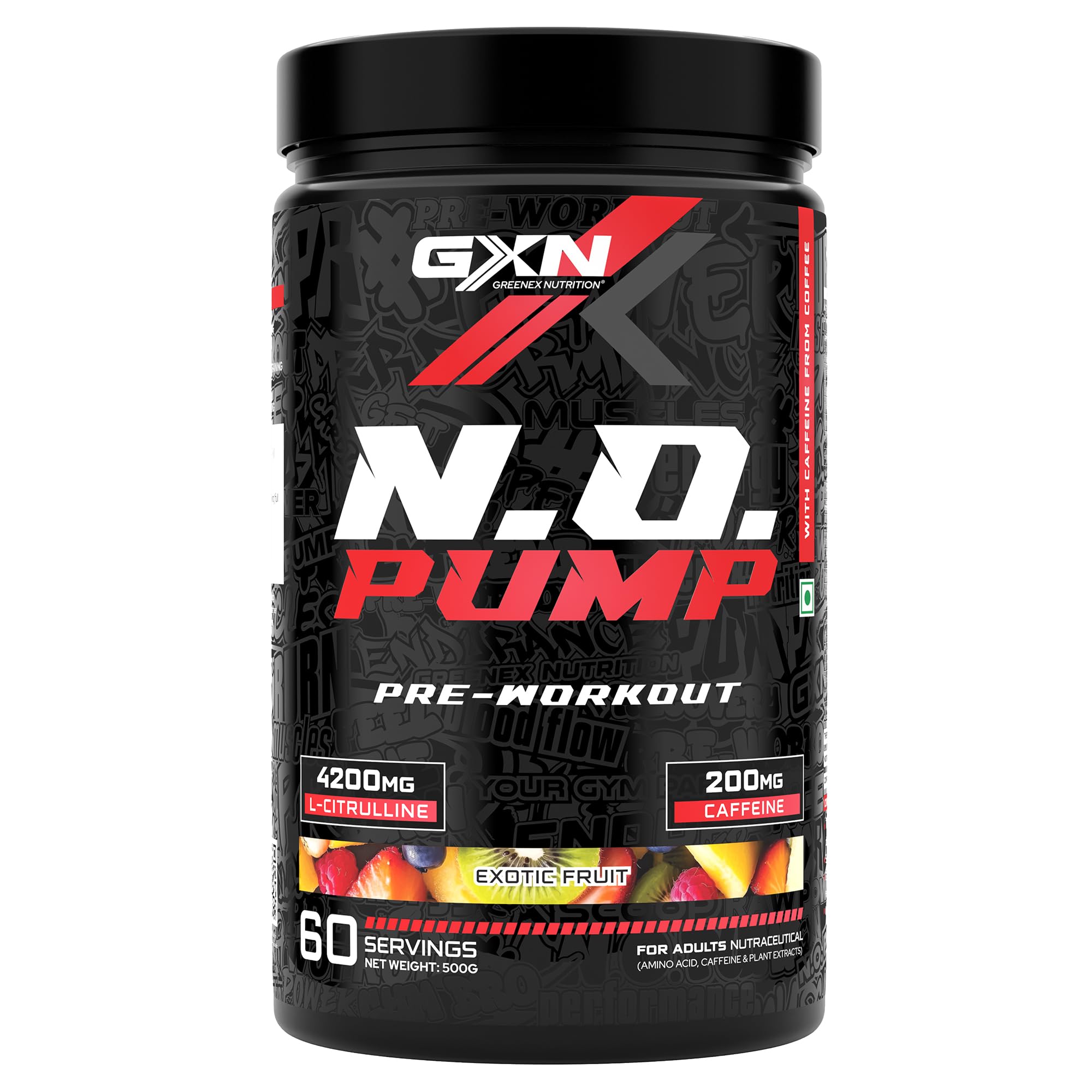 Greenex Nutrition (GXN) N.O. Pump 500g Pre Workout Supplement | 4000mg Beta Alanine, 2500mg L Citrulline & 250mg L Arginine | 60 Servings | Exotic Fruit | For Muscular Endurance