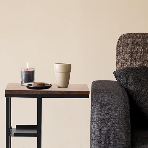 Miniatura 7 de Fbrand Mesa auxiliar en forma de C, mesa auxiliar marrón con diseño de dos capas con estante de metal, mesa auxiliar pequeña para espacios pequeños,