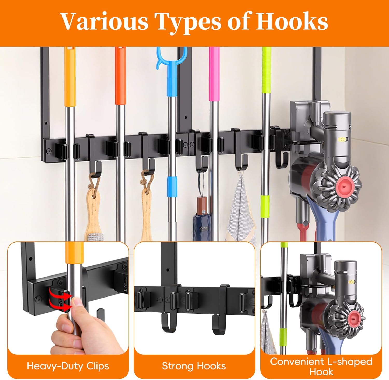 HOOMESUN Broom Holder Wall Mount with Shelf & Guard Rail, Upgraded No-Fall Storage, 120 lbs Heavy Duty Cleaning Organizer, 5 Clamps 4 Hooks, Thick Metal & Wood Rack for Laundry Room Garage